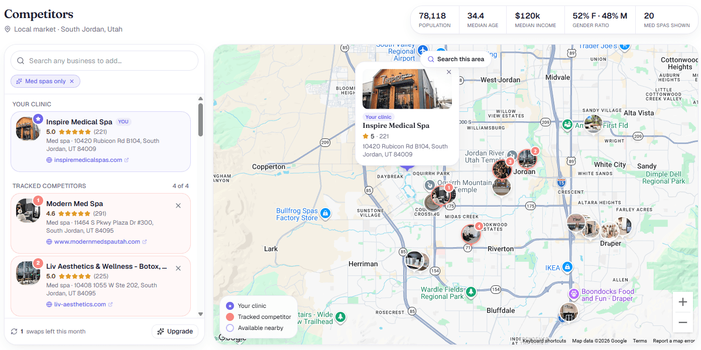 MedSpa Scale Competitors — rival med spas mapped across your area with ratings, reviews and key metrics